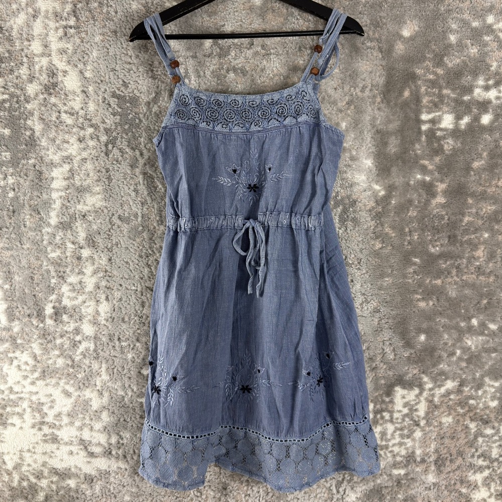 Raya Sun Size S Boho Embroidered Lace Trim Sleeveless Sun Dress Blue Sleeveless